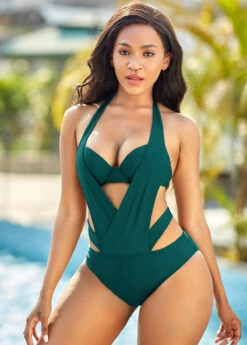 Dark Green Halter Neck Pierced One Piece Swimwear -Rosewe Promotion Store 269944 P 16170863427584