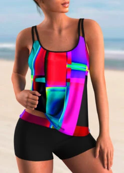 Mid Waist Geometric Print Spaghetti Strap Tankini Set