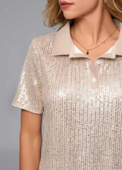 Button Detail Turndown Collar Sequin T Shirt -Rosewe Promotion Store 270174 P 16215003281784
