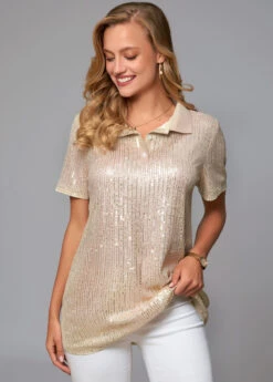 Button Detail Turndown Collar Sequin T Shirt
