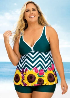 Wide Strap Plus Size Floral And Chevron Print Tankini Set -Rosewe Promotion Store 270505 P 16225170351094