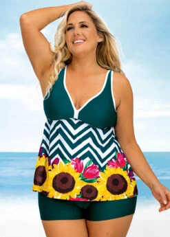 Wide Strap Plus Size Floral And Chevron Print Tankini Set
