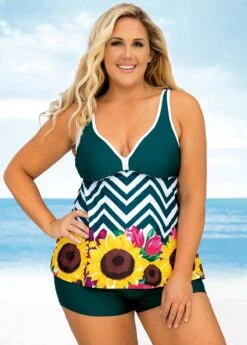 Wide Strap Plus Size Floral And Chevron Print Tankini Set -Rosewe Promotion Store 270505 P 16225170355923