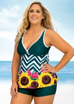 Wide Strap Plus Size Floral And Chevron Print Tankini Set -Rosewe Promotion Store 270505 P 16225170355972