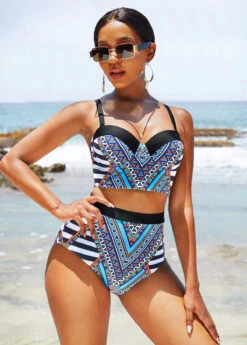 Tribal Print High Waisted Wide Strap Bikini Set