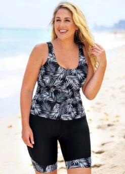 Wide Strap Plus Size Leaf Print Tankini Set