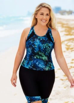 Leaf Print Plus Size High Waisted Tankini Set