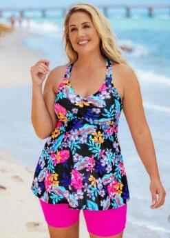 Floral Print Plus Size Cross Strap Tankini Set