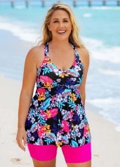 Floral Print Plus Size Cross Strap Tankini Set -Rosewe Promotion Store 271060 P 16206979605862