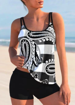 White Plaid Paisley Print Tankini Set