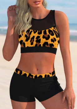 Mid Waist Mesh Stitching Leopard Bikini Set