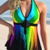 Bowknot Rainbow Color Printed Halter Tankini Set
