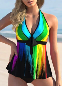 Bowknot Rainbow Color Printed Halter Tankini Set