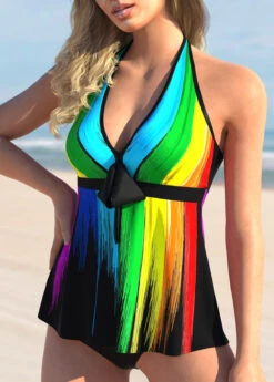 Bowknot Rainbow Color Printed Halter Tankini Set -Rosewe Promotion Store 271231 P 1618215805432