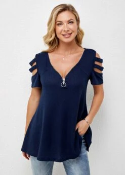 Short Sleeve Cold Shoulder Quarter Zip T Shirt