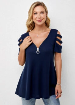 Short Sleeve Cold Shoulder Quarter Zip T Shirt 10 Short Sleeve Cold Shoulder Quarter Zip T Shirt -Rosewe Promotion Store 271356 P 16221683590923