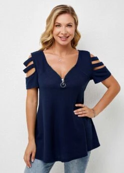 Short Sleeve Cold Shoulder Quarter Zip T Shirt 9 Short Sleeve Cold Shoulder Quarter Zip T Shirt -Rosewe Promotion Store 271356 P 16221683591122