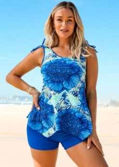 Floral Print Tie Shoulder Asymmetric Hem Tankini Set -Rosewe Promotion Store 271414 P 16214729137092