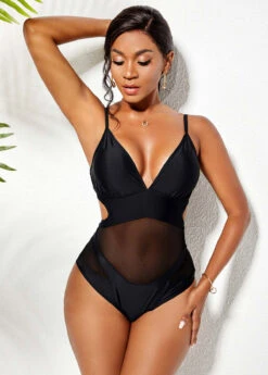 Cutout Mesh Stitching Spaghetti Strap One Piece Swimwear
