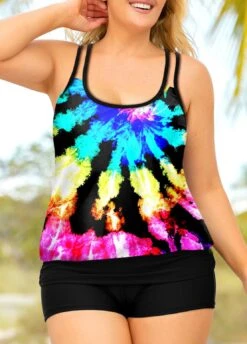 Colorful Plus Size Tie Dye Print Tankini Set
