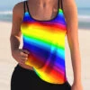 Printed Spaghetti Strap Rainbow Color Tankini Set
