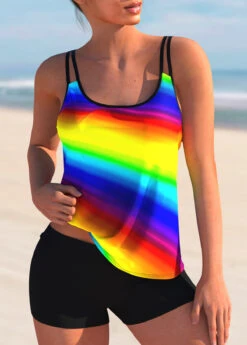 Printed Spaghetti Strap Rainbow Color Tankini Set