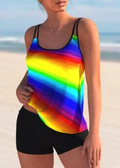 Printed Spaghetti Strap Rainbow Color Tankini Set -Rosewe Promotion Store 271639 P 1618382266840