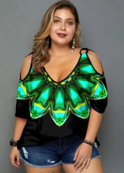 Cold Shoulder Plus Size Psychedelic Print T Shirt