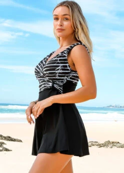 Cross Front Striped Wide Strap Swimdress And Shorts -Rosewe Promotion Store 272261 P 16218211222763