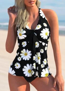 Halter Daisy Print Bowknot Tankini Set