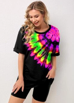 Tie Dye Print Short Sleeve Sweatsuit Setti