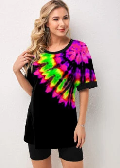 Tie Dye Print Short Sleeve Sweatsuit Setti -Rosewe Promotion Store 272668 P 1619075502187
