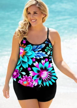 Plus Size Floral Print Multi Color Tankini Set