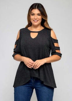 Solid Plus Size Ladder Cutout T Shirt -Rosewe Promotion Store 273032 P 16267459693373