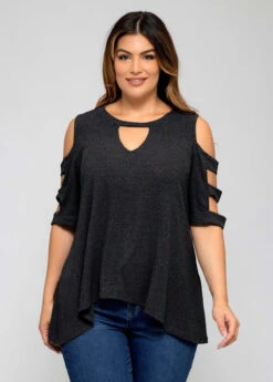 Solid Plus Size Ladder Cutout T Shirt