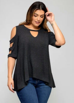 Solid Plus Size Ladder Cutout T Shirt -Rosewe Promotion Store 273032 P 16267459695592