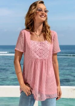 Short Sleeve Solid Square Collar Blouse -Rosewe Promotion Store 273165 P 16254639023003