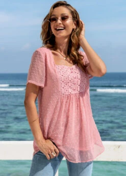 Short Sleeve Solid Square Collar Blouse