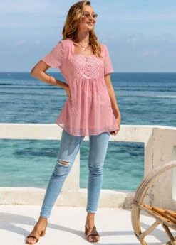 Short Sleeve Solid Square Collar Blouse -Rosewe Promotion Store 273165 P 16254639025734