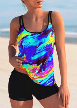 Colorful Printed Mid Waist Tankini Set