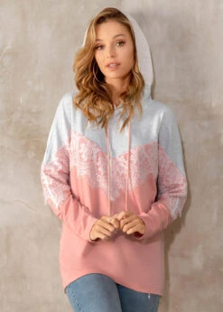 Drawstring Detail Contrast Lace Stitching Hoodie