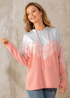 Drawstring Detail Contrast Lace Stitching Hoodie -Rosewe Promotion Store 273670 P 16261634746502