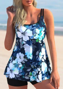 Floral Print Spaghetti Strap Swimdress And Shorts