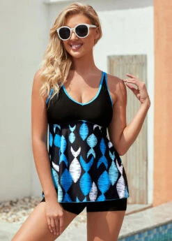 Contrast Stitch Wide Strap Geometric Print Tankini Set -Rosewe Promotion Store 274378 P 16250175514812