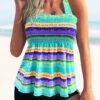 Smocked Tie Back Rainbow Stripe Tankini Set 2 Smocked Tie Back Rainbow Stripe Tankini Set -Rosewe Promotion Store 274486 P 1621305322048