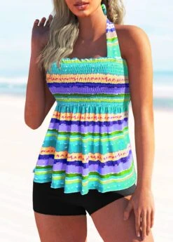 Smocked Tie Back Rainbow Stripe Tankini Set -Rosewe Promotion Store 274486 P 1621305324599