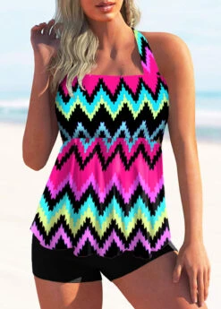 Halter Rainbow Stripe Tie Back Tankini Set