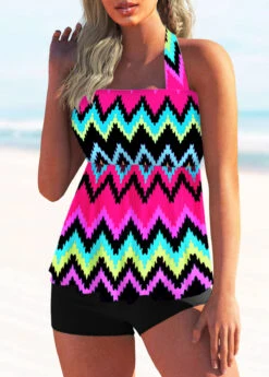 Halter Rainbow Stripe Tie Back Tankini Set -Rosewe Promotion Store 274490 P 1620899733976