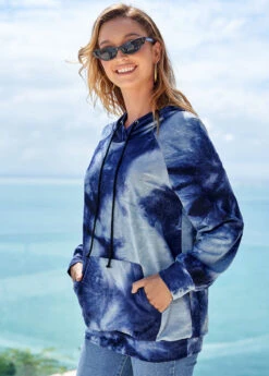 Tie Dye Print Kangaroo Pocket Drawstring Detail Hoodie -Rosewe Promotion Store 274588 P 16279839624612