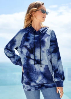 Tie Dye Print Kangaroo Pocket Drawstring Detail Hoodie -Rosewe Promotion Store 274588 P 16279839625323